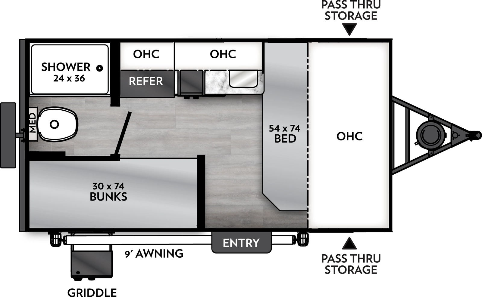 The Remote 12.2R floorplan has one entry and zero slide outs. Exterior features include: metal exterior and 9' awning. Interiors features include: bunk beds and front bedroom.